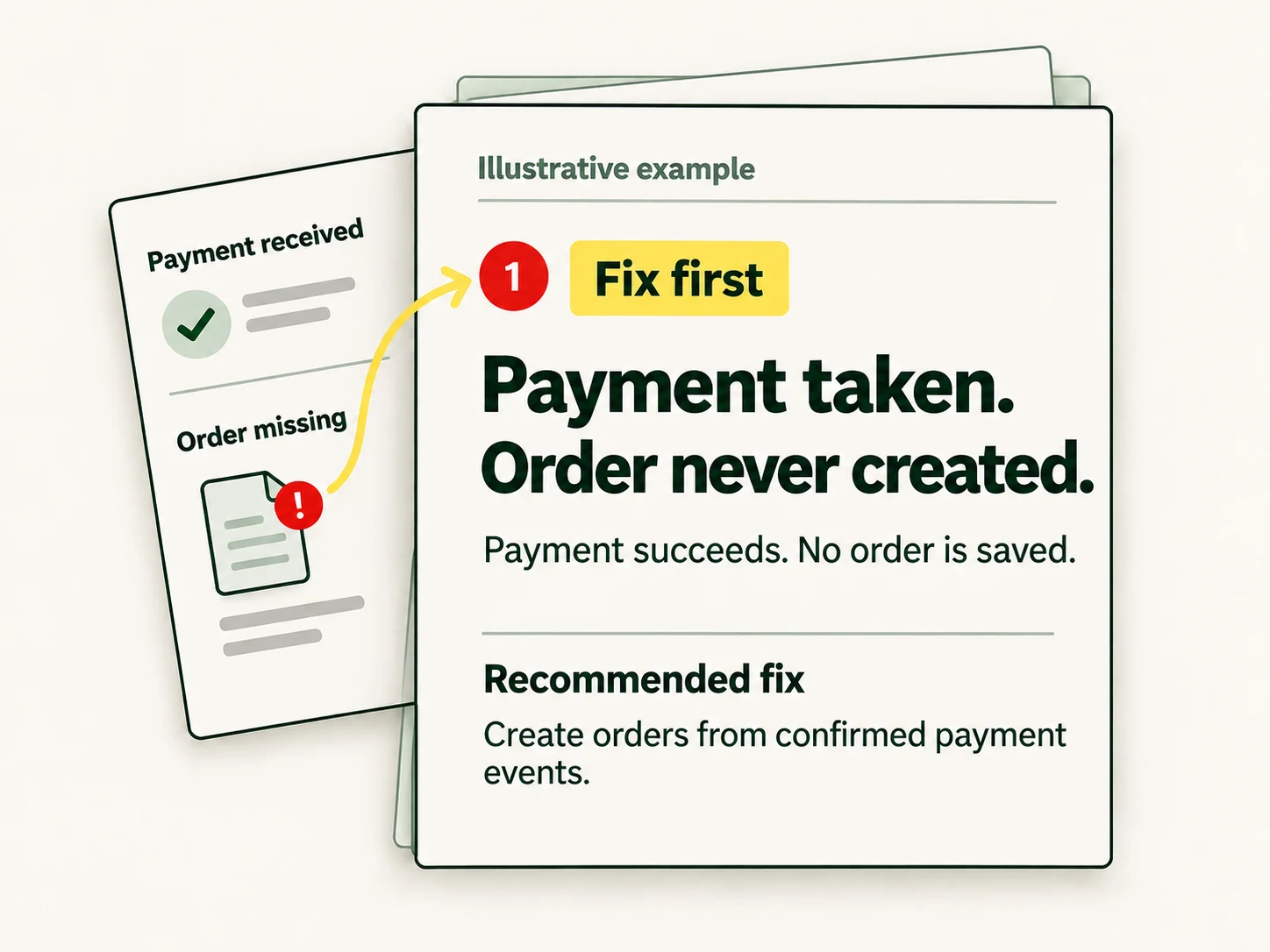Report finding that payment was taken but no order was created, with the recommended fix to create orders from confirmed payment events.